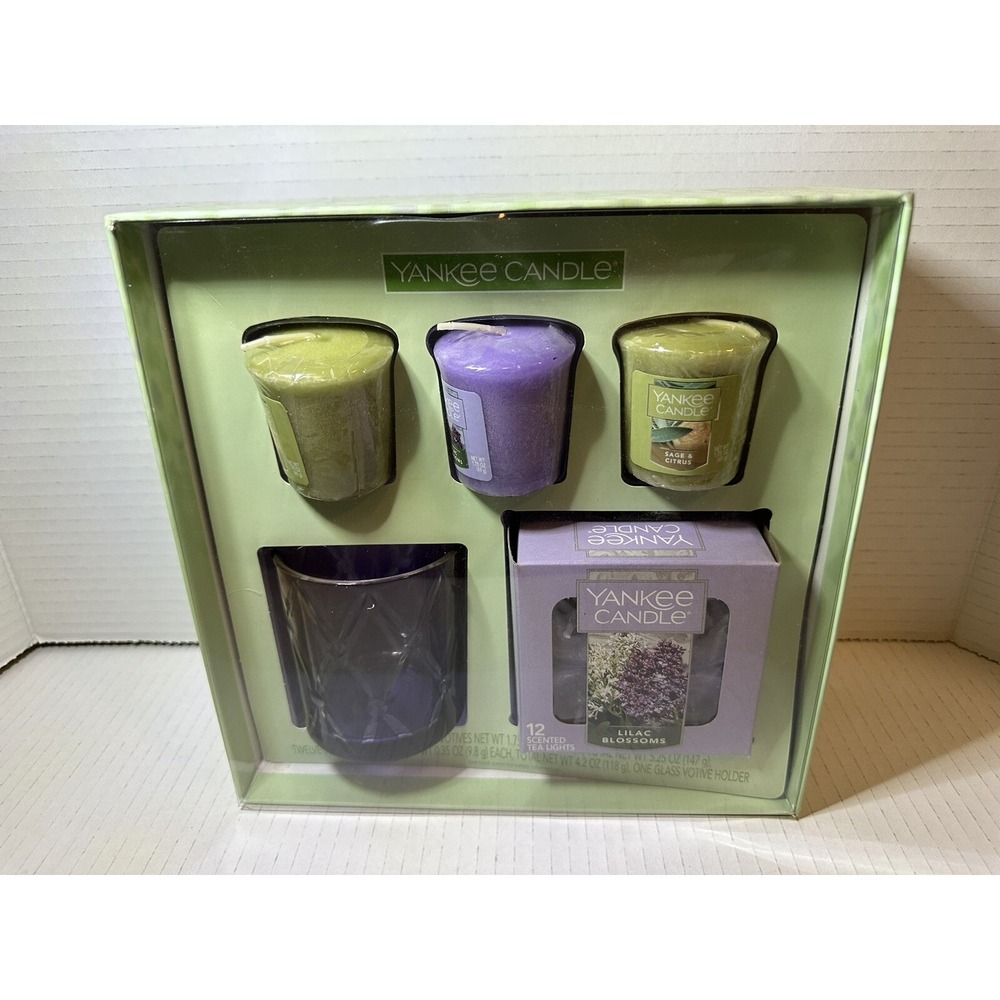 New Yankee Candle Lilac Blossoms Sage Citrus Votive Tealight Holder Gift Set